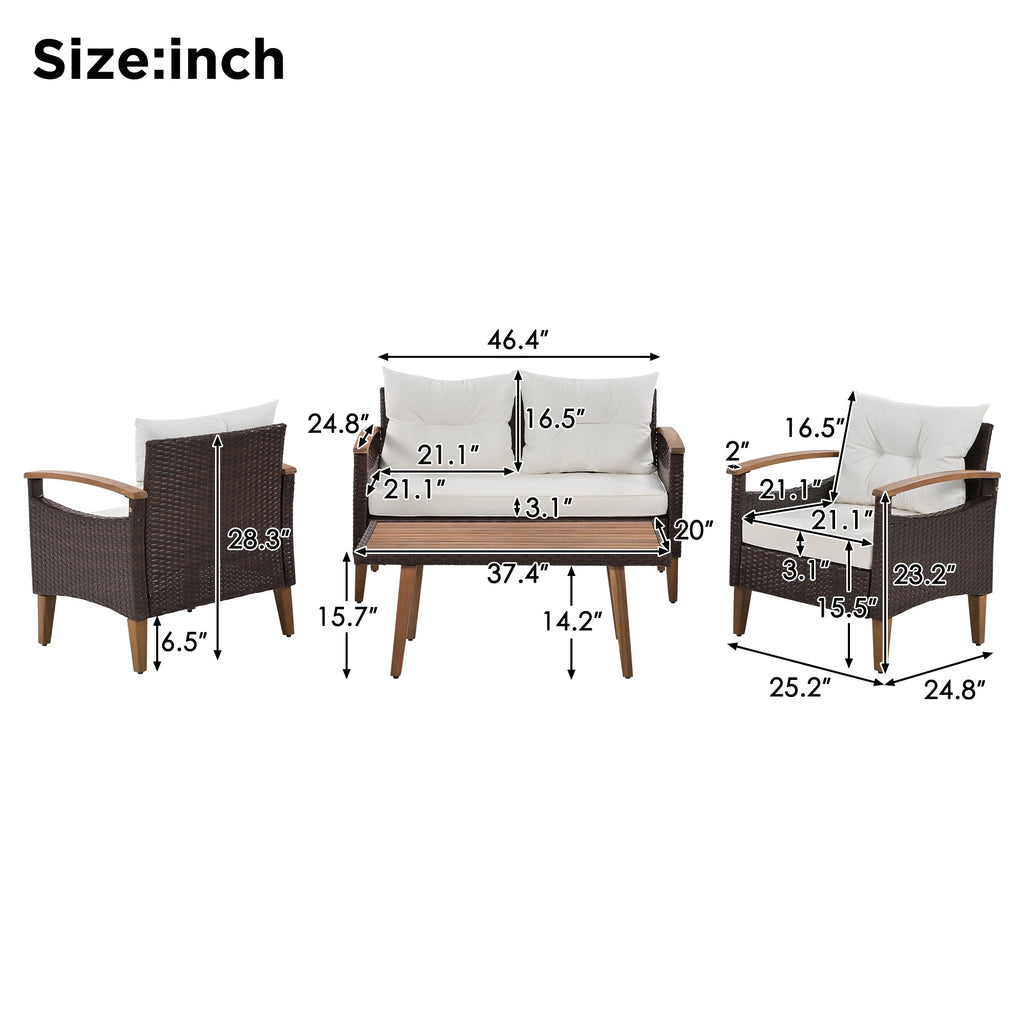Outdoor Sofa Set PE Rattan Acacia Wood Beige 4 Piece Modular