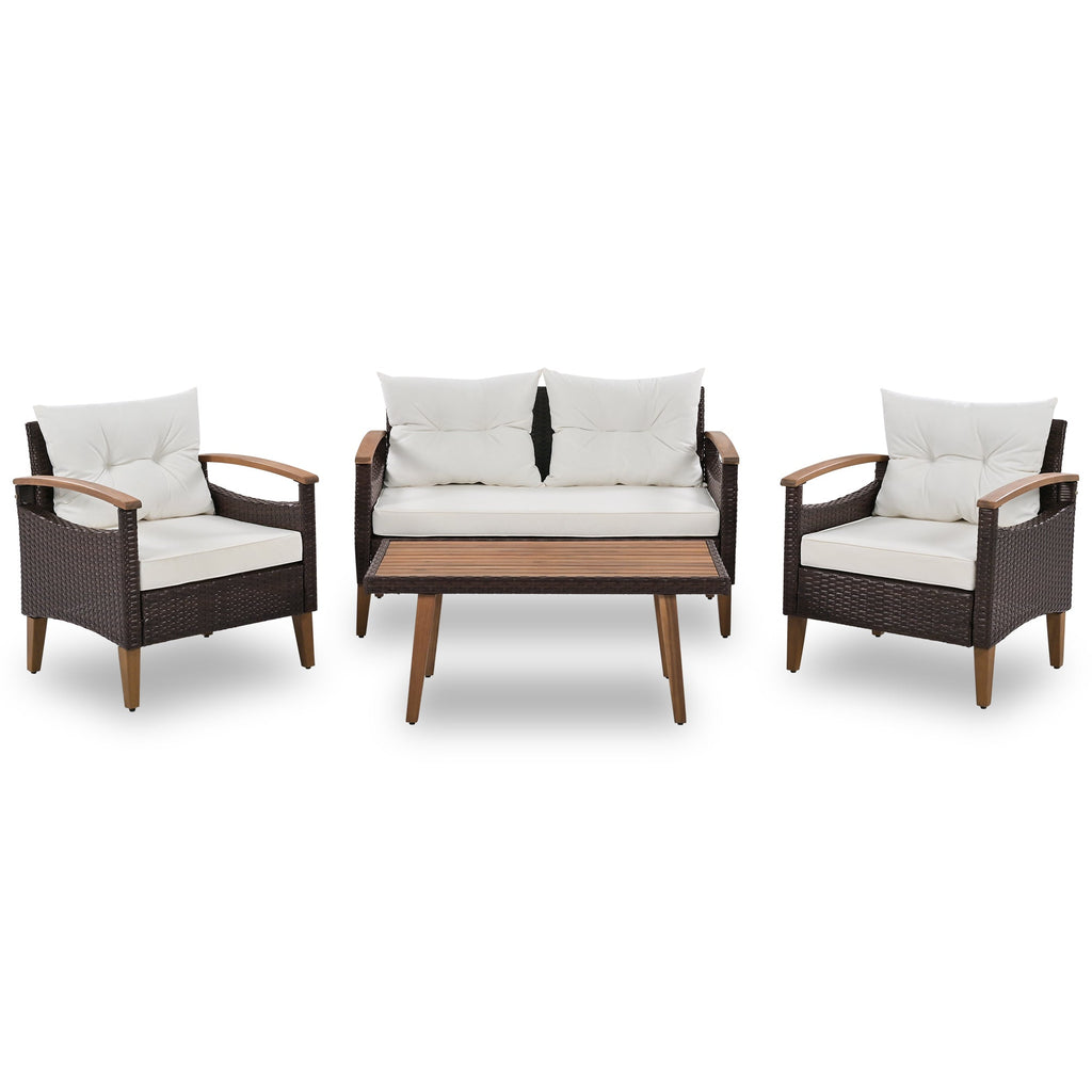 Outdoor Sofa Set PE Rattan Acacia Wood Beige 4 Piece Modular