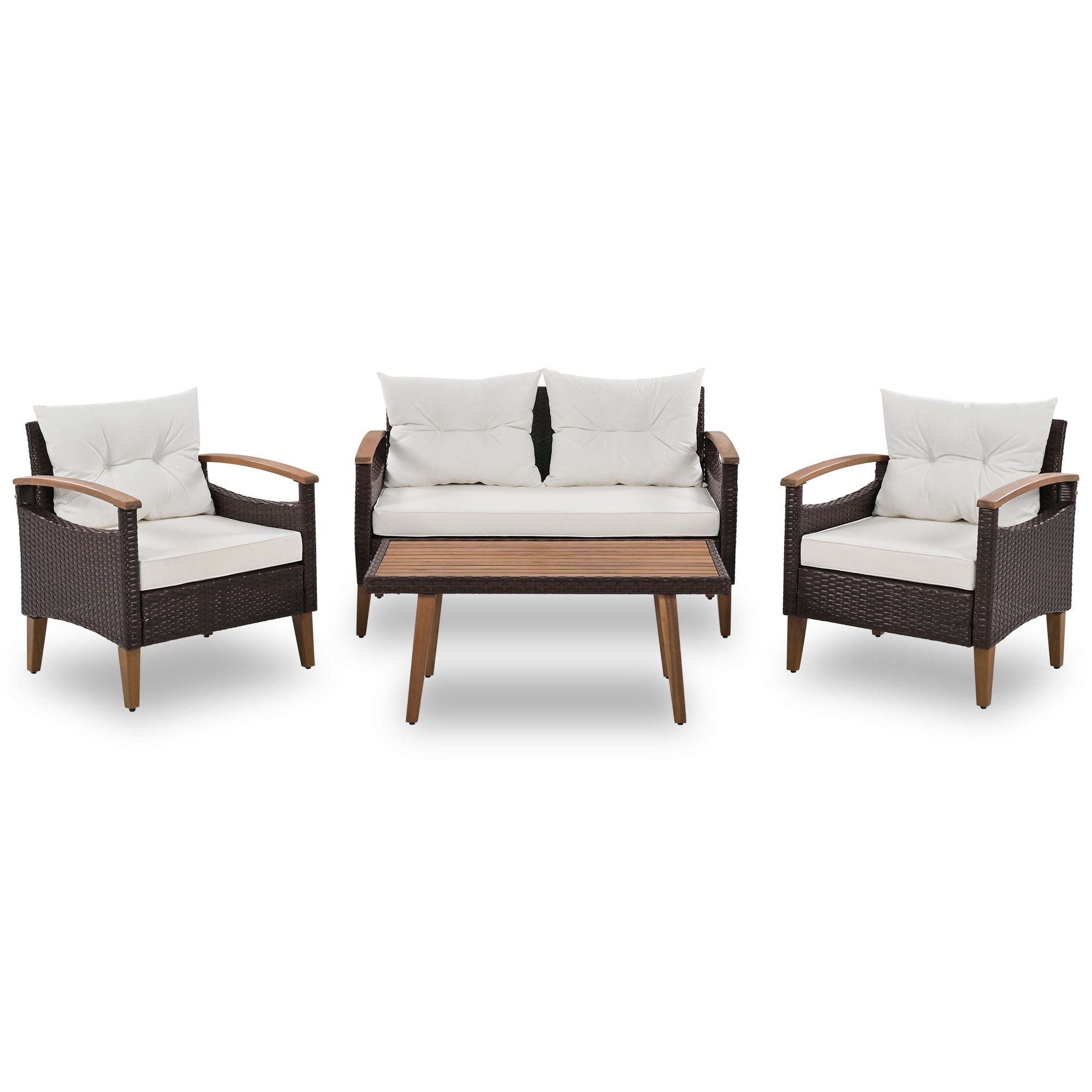 Outdoor Sofa Set PE Rattan Acacia Wood Beige 4 Piece Modular