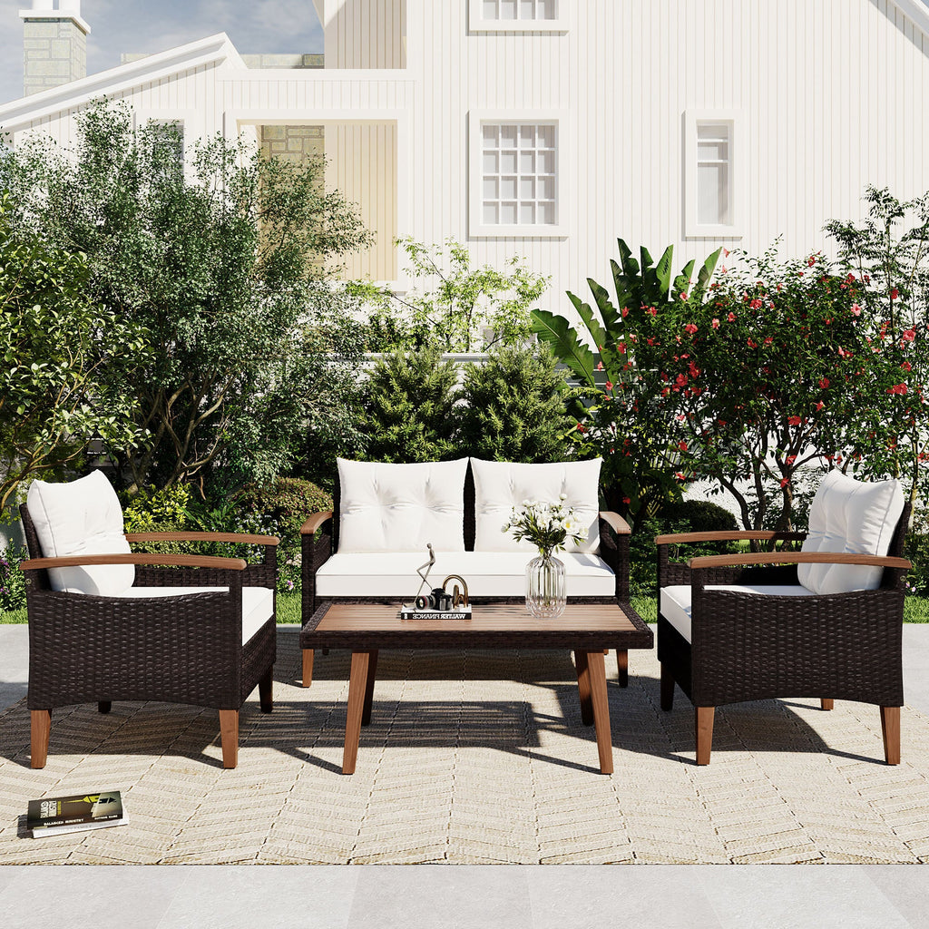 Outdoor Sofa Set PE Rattan Acacia Wood Beige 4 Piece Modular