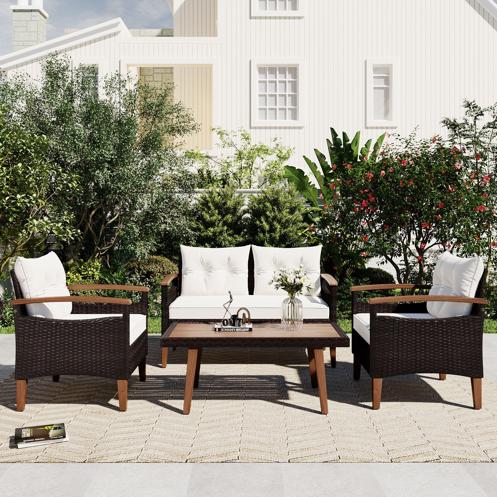 Outdoor Sofa Set PE Rattan Acacia Wood Beige 4 Piece Modular