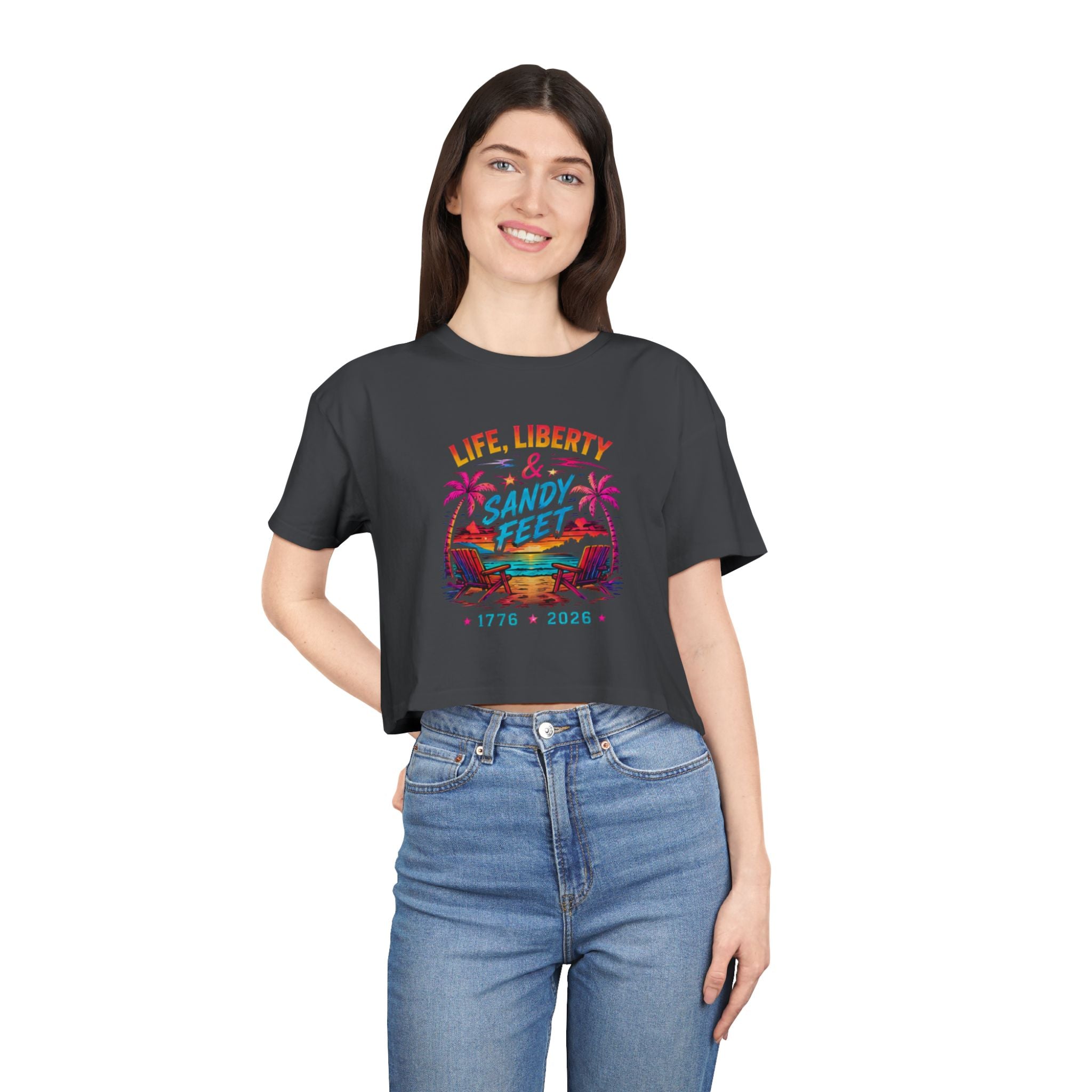Life, Liberty & Sandy Feet Crop Tee — Retro Beach 1776–2026 4th of July Top, America, Freedom