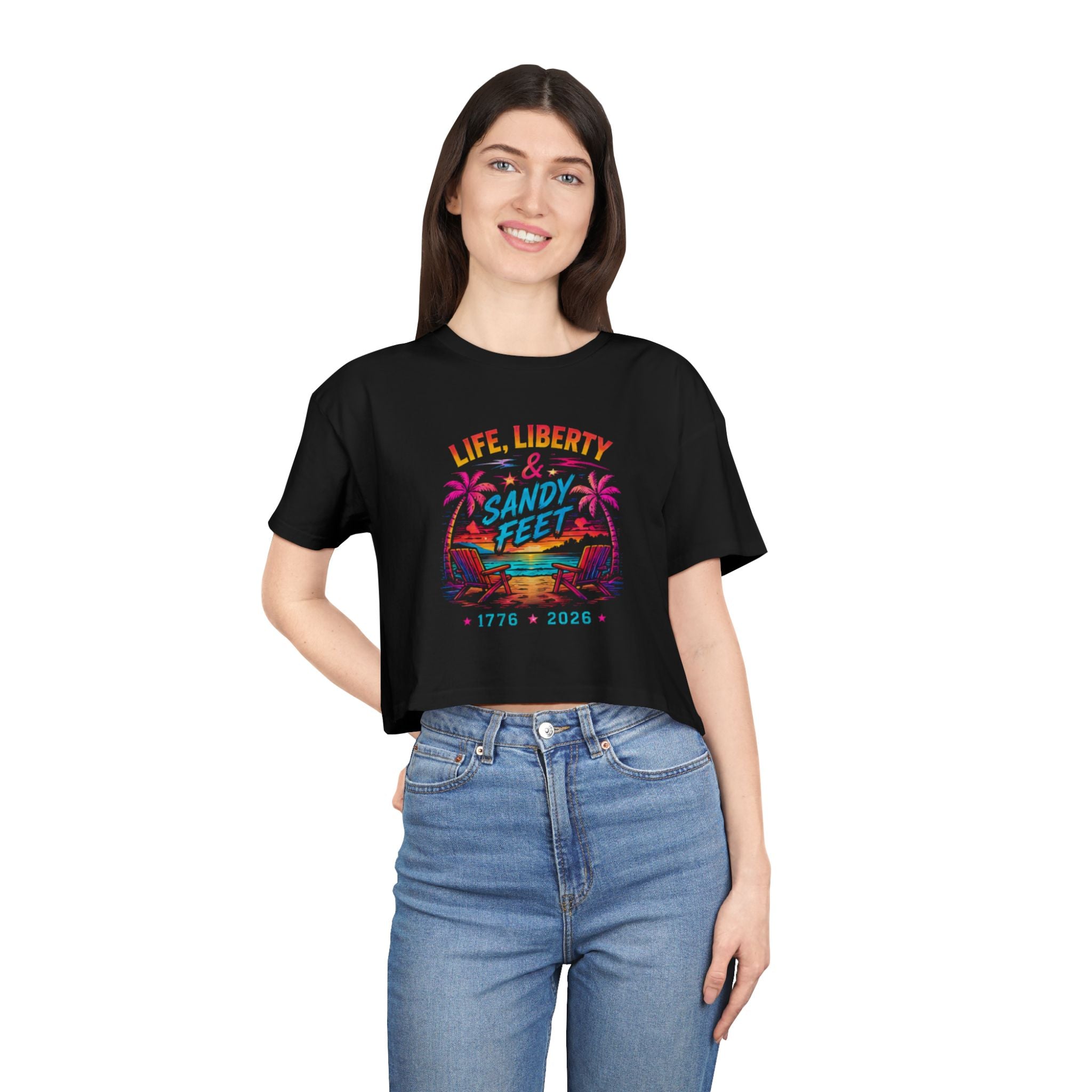 Life, Liberty & Sandy Feet Crop Tee — Retro Beach 1776–2026 4th of July Top, America, Freedom