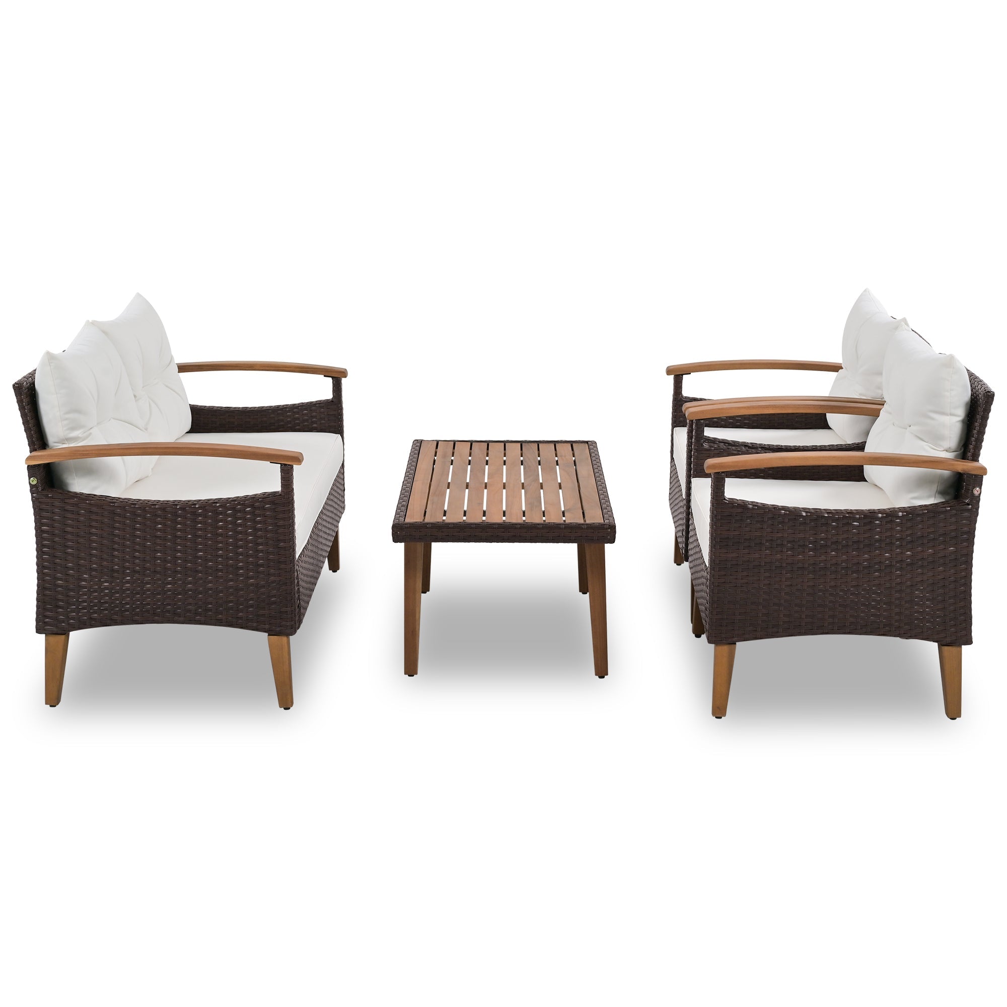Outdoor Sofa Set PE Rattan Acacia Wood Beige 4 Piece Modular