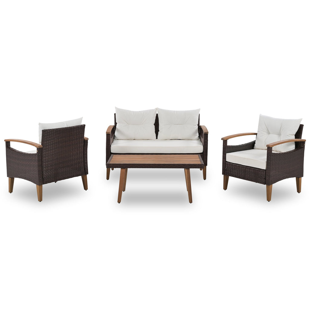 Outdoor Sofa Set PE Rattan Acacia Wood Beige 4 Piece Modular