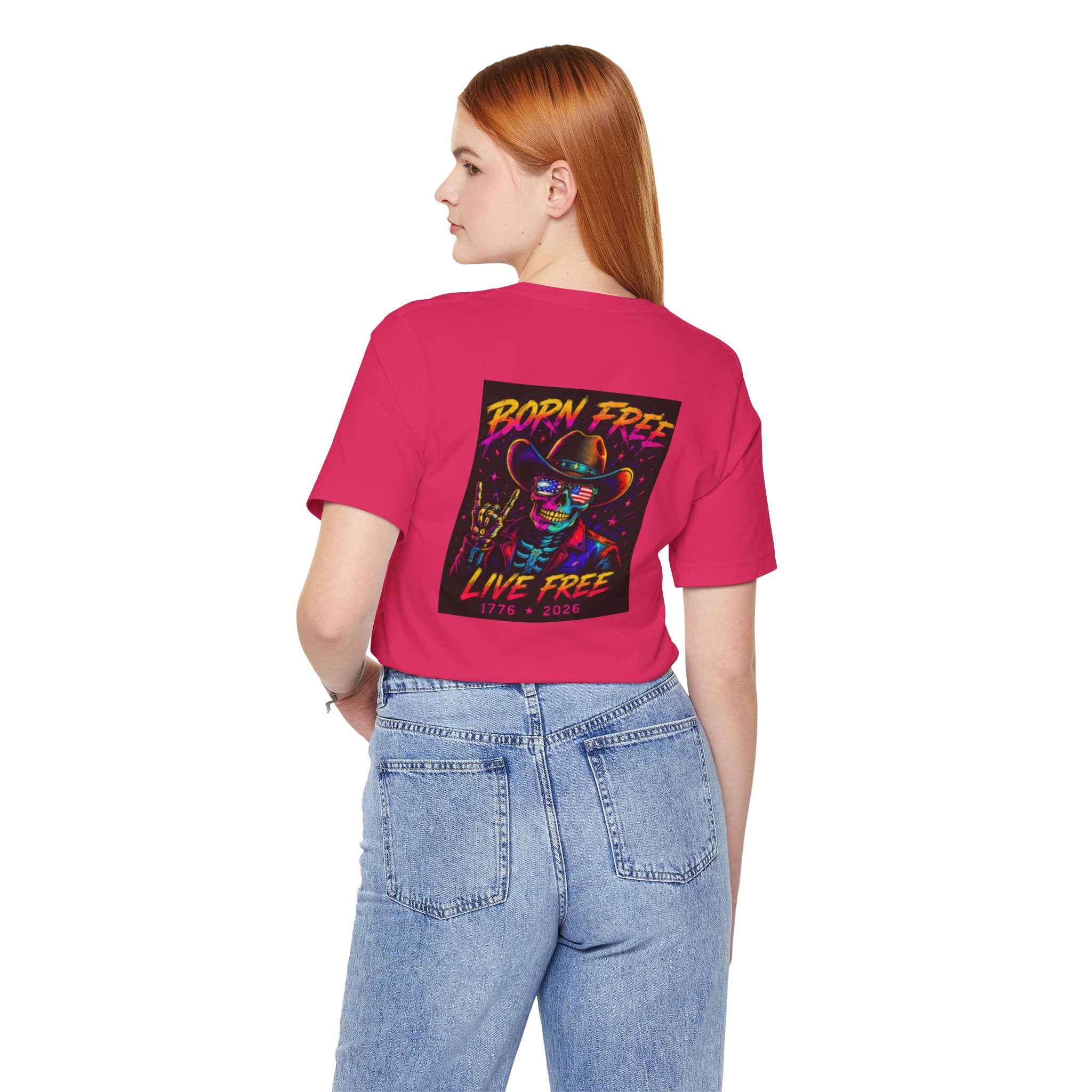 Born Free Live Free Tee — Neon Cowboy Skull Graphic T-Shirt, July 4th, America 250, Freedom, Liberty