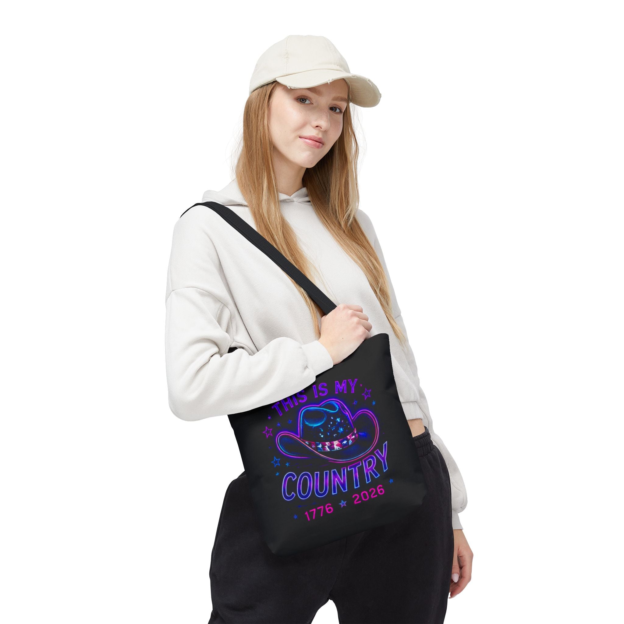 Tote Bag — “This Is My Country 1776–2026” Patriotic Cowboy Hat Tote Neon America July 4th Beach Rodeo