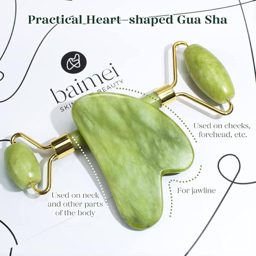 BAIMEI Icyme Gua Sha & Jade Roller Facial Tools Face Roller and Gua Sha Set for Puffiness and Redness Reducing Skin Care Routine, Self Care for Men Women - Green