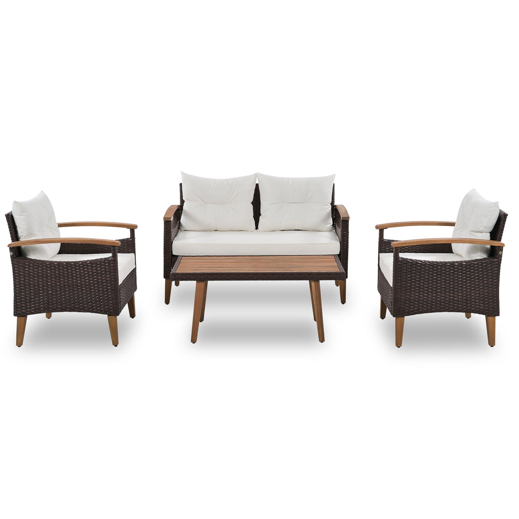 Outdoor Sofa Set PE Rattan Acacia Wood Beige 4 Piece Modular