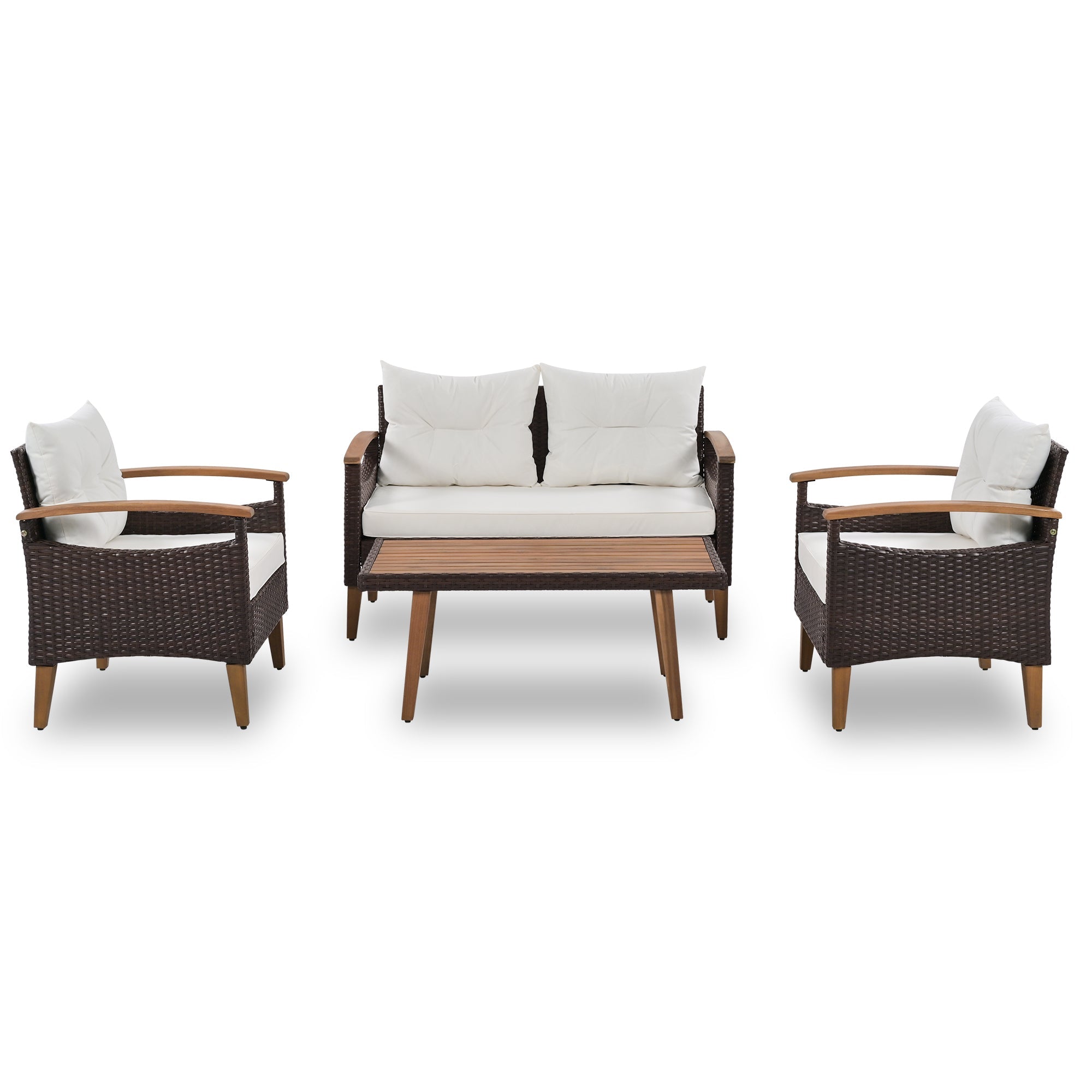 Outdoor Sofa Set PE Rattan Acacia Wood Beige 4 Piece Modular