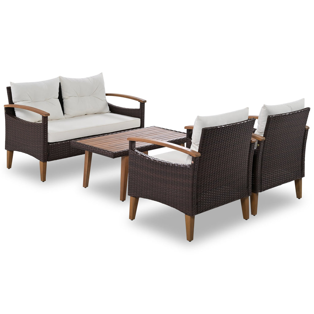 Outdoor Sofa Set PE Rattan Acacia Wood Beige 4 Piece Modular