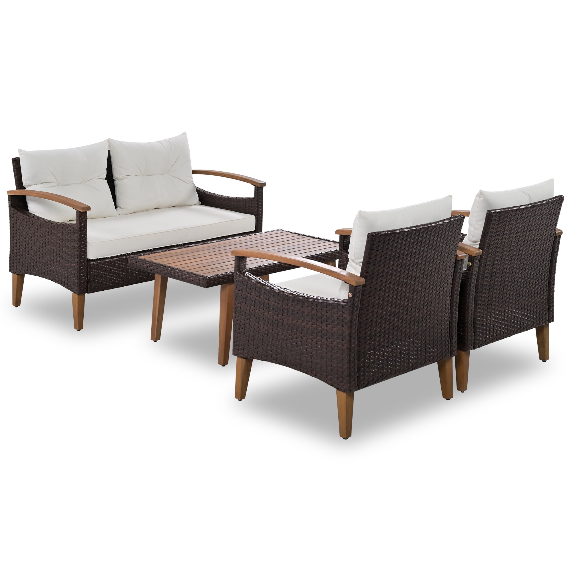 Outdoor Sofa Set PE Rattan Acacia Wood Beige 4 Piece Modular