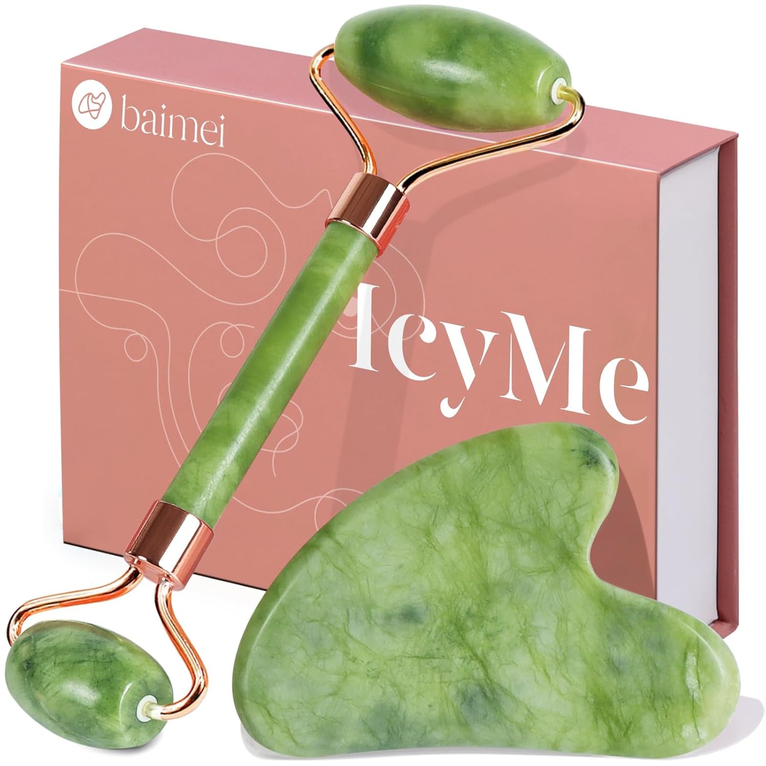 BAIMEI Icyme Gua Sha & Jade Roller Facial Tools Face Roller and Gua Sha Set for Puffiness and Redness Reducing Skin Care Routine, Self Care for Men Women - Green